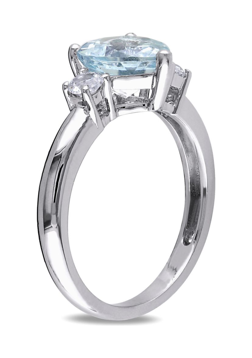 Aquamarine and Created White Sapphire Heart Ring in Sterling Silver