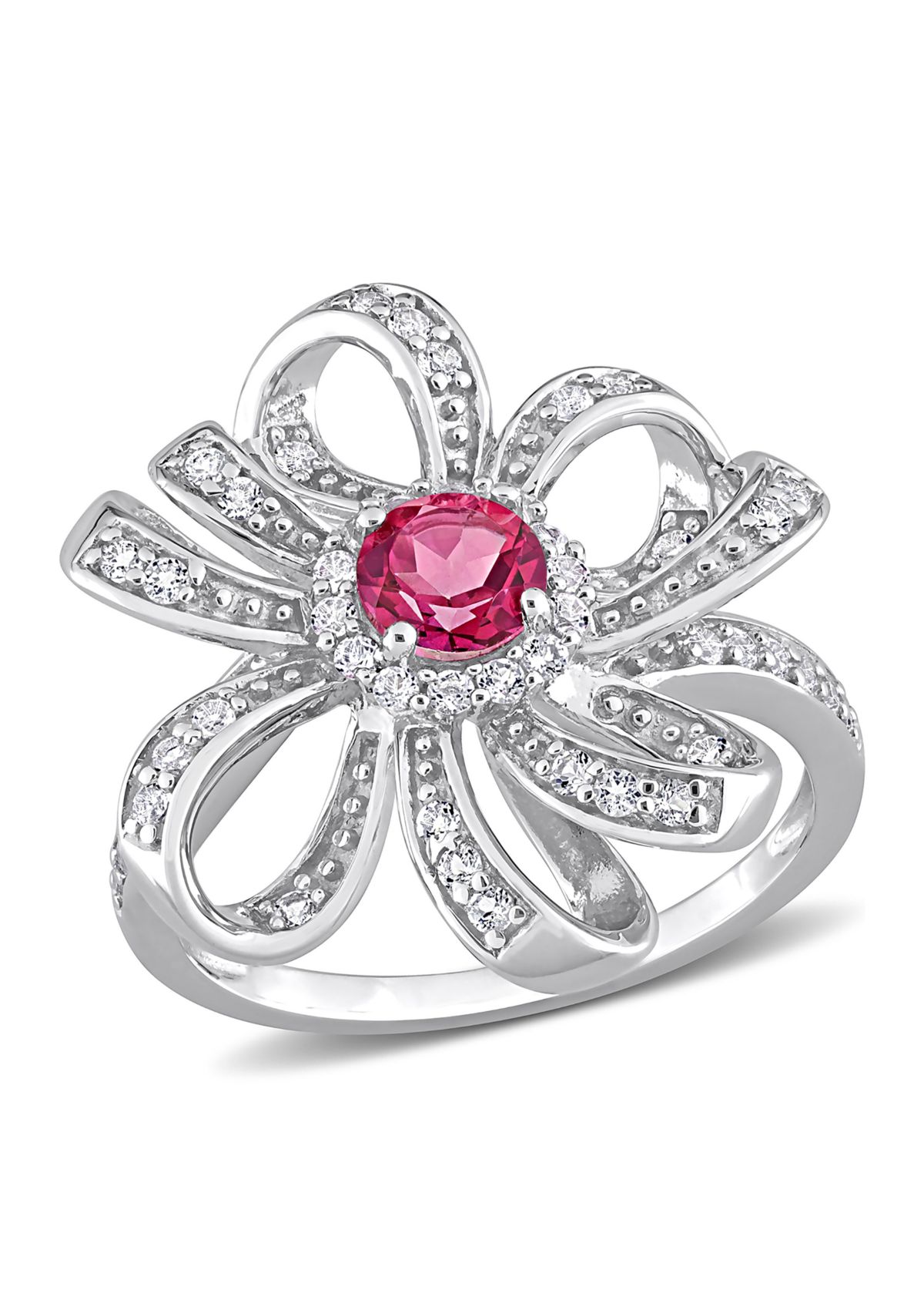 1 1/10 CT TGW Pink Topaz and White Topaz Flower Cocktail Ring in Sterling Silver