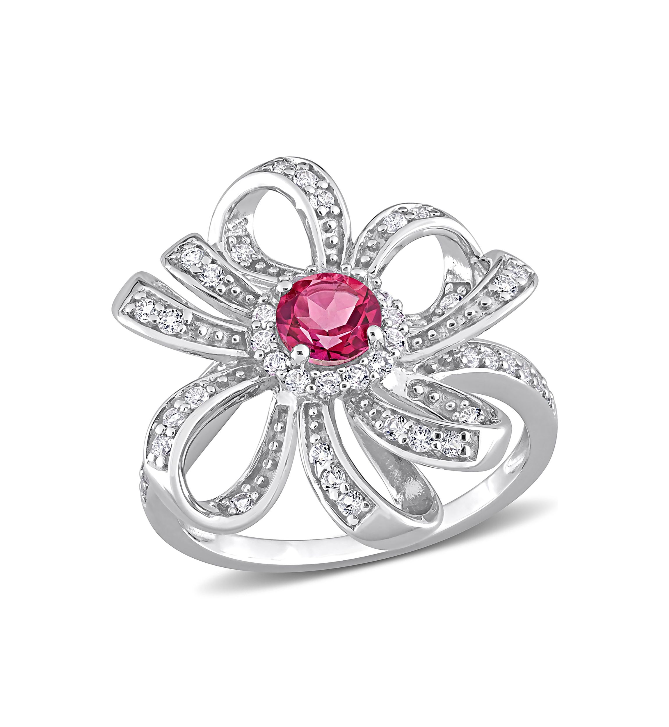 1 1/10 CT TGW Pink Topaz and White Topaz Flower Cocktail Ring in Sterling Silver