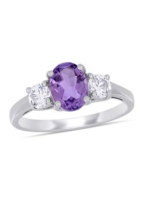 Belk & Co Lab Created Oval Cut Amethyst and White Sapphire 3-Stone Ring in Sterling Silver