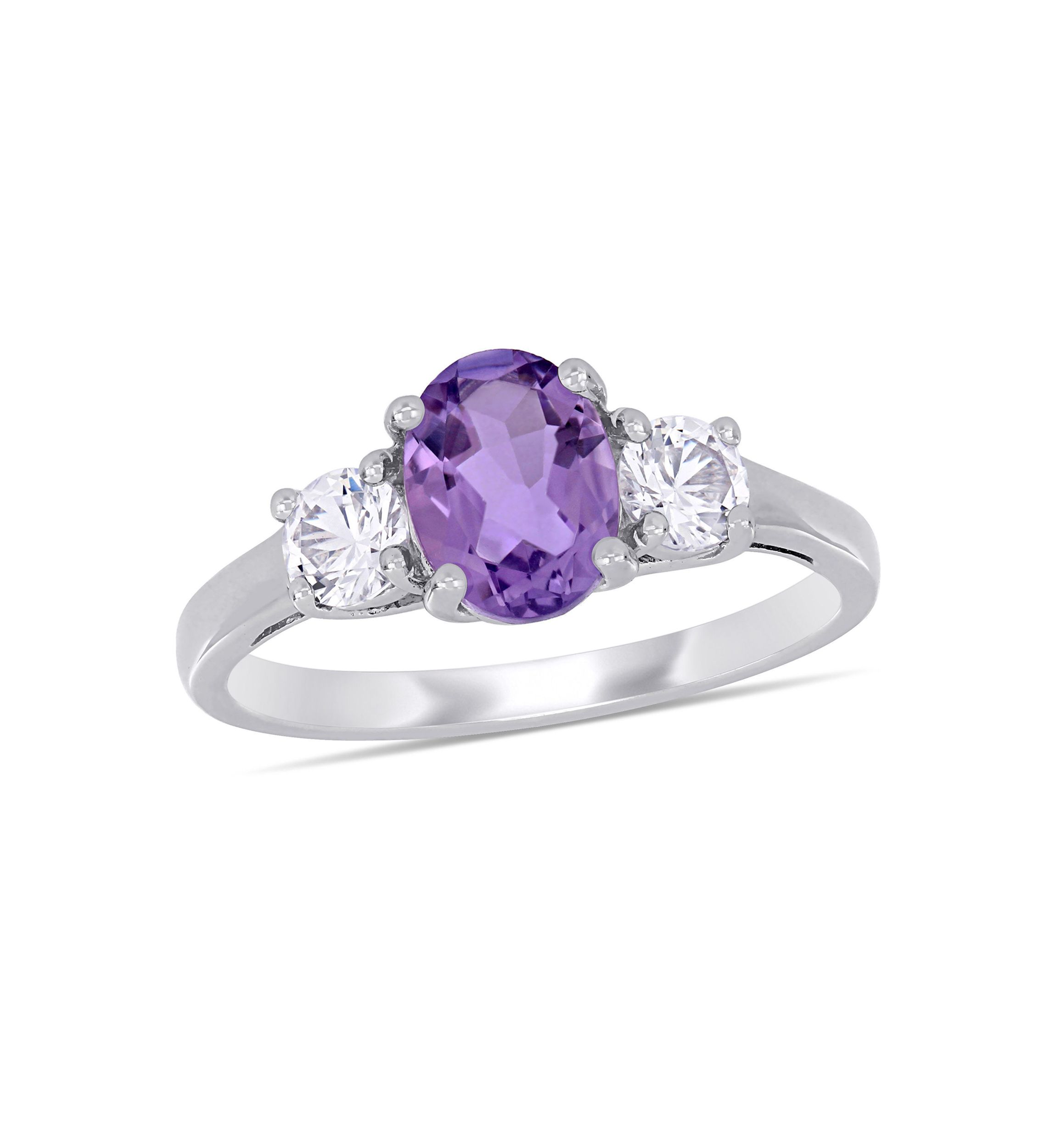 Oval Cut Amethyst and Created White Sapphire 3-Stone Ring in Sterling Silver