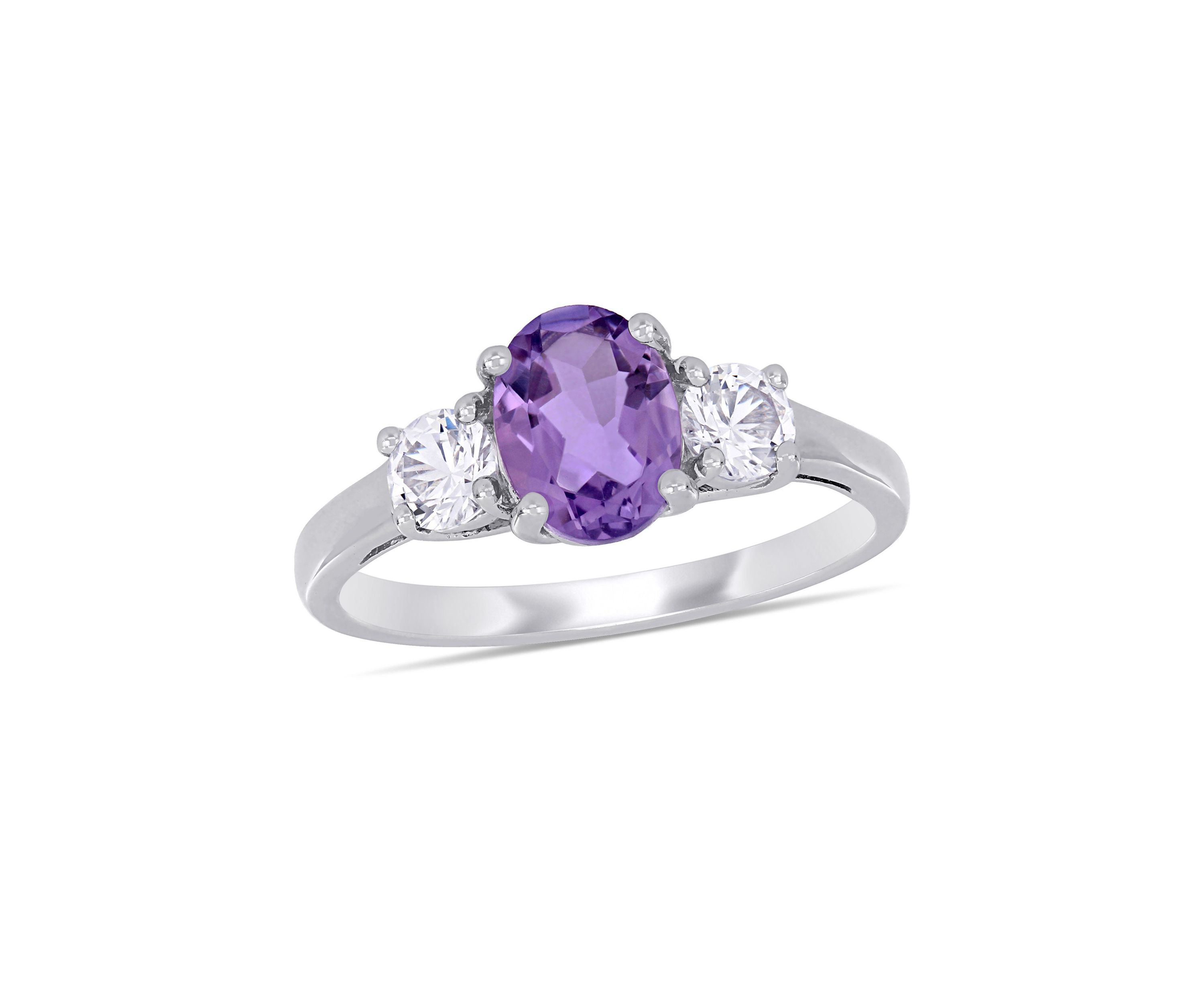 Oval Cut Amethyst and Created White Sapphire 3-Stone Ring in Sterling Silver