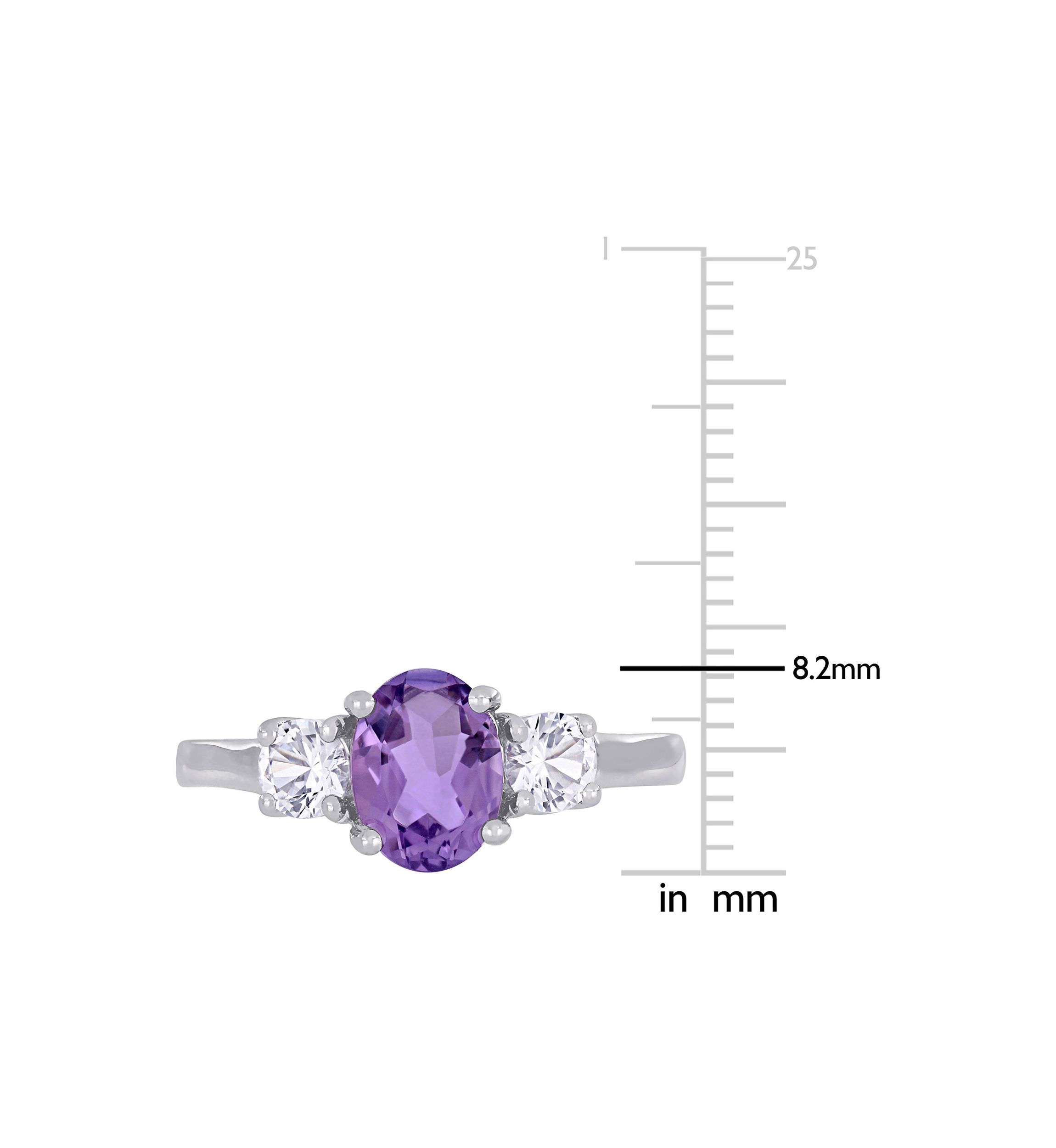 Oval Cut Amethyst and Created White Sapphire 3-Stone Ring in Sterling Silver