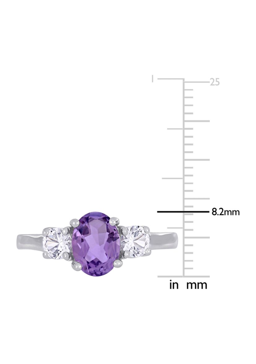 Oval Cut Amethyst and Created White Sapphire 3-Stone Ring in Sterling Silver