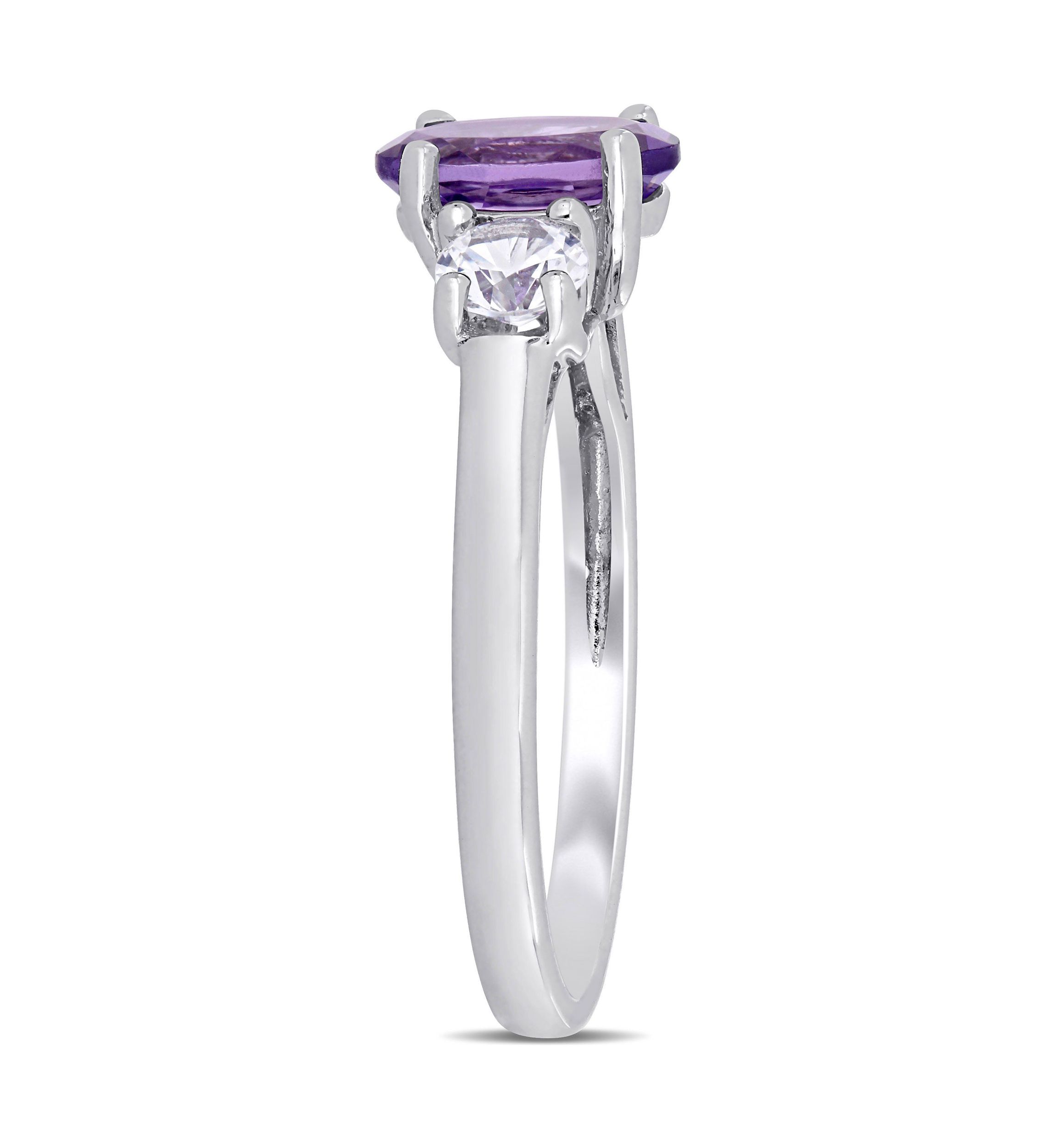 Oval Cut Amethyst and Created White Sapphire 3-Stone Ring in Sterling Silver