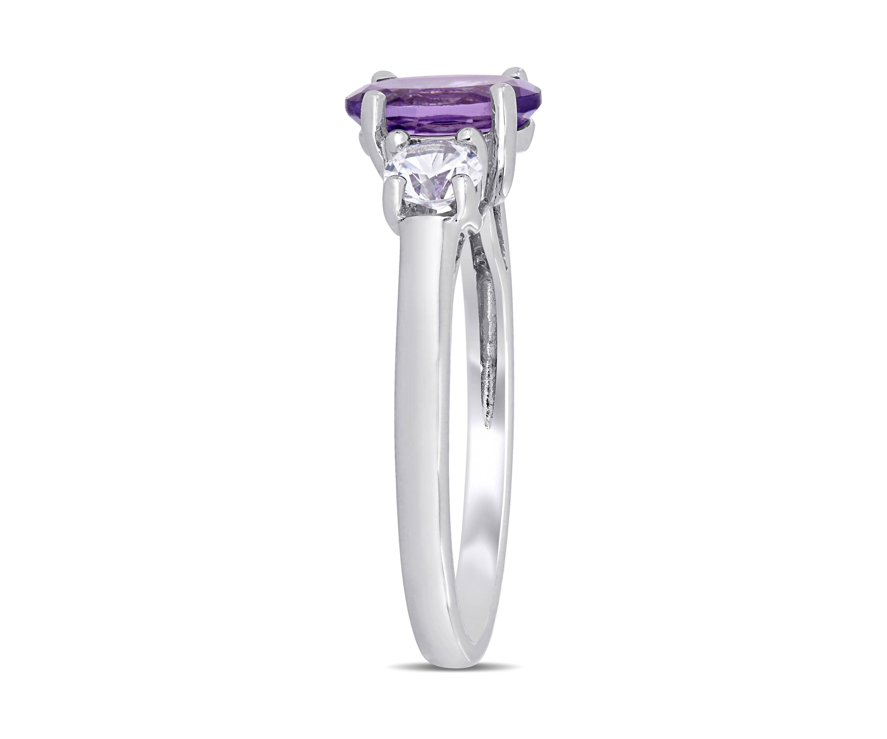 Oval Cut Amethyst and Created White Sapphire 3-Stone Ring in Sterling Silver