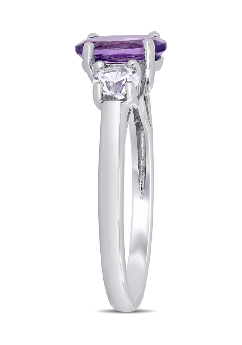 Oval Cut Amethyst and Created White Sapphire 3-Stone Ring in Sterling Silver