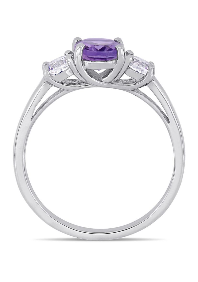 Oval Cut Amethyst and Created White Sapphire 3-Stone Ring in Sterling Silver