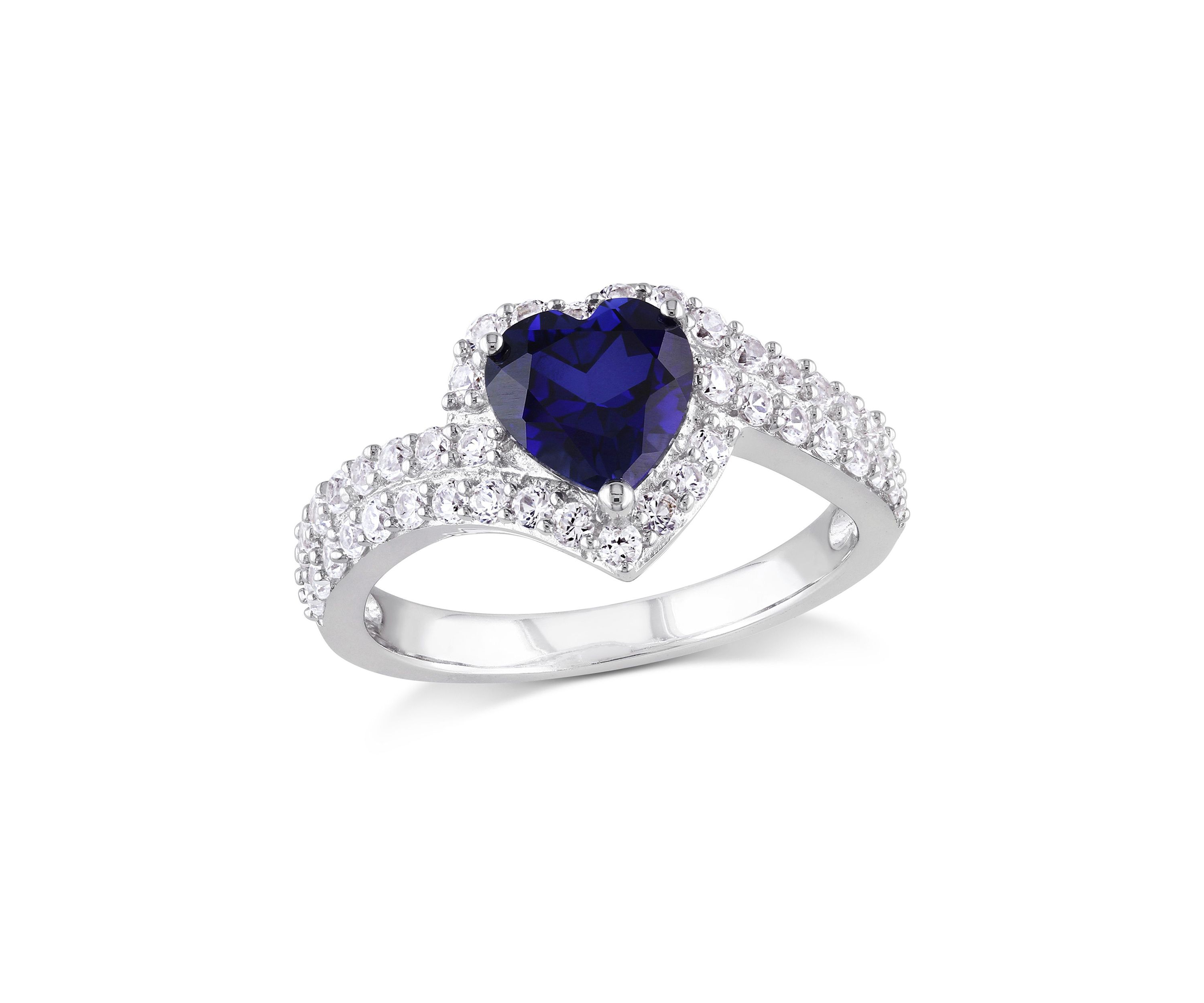 Lab Created Created Blue and Created White Sapphire Heart Halo Double Row Ring in Sterling Silver
