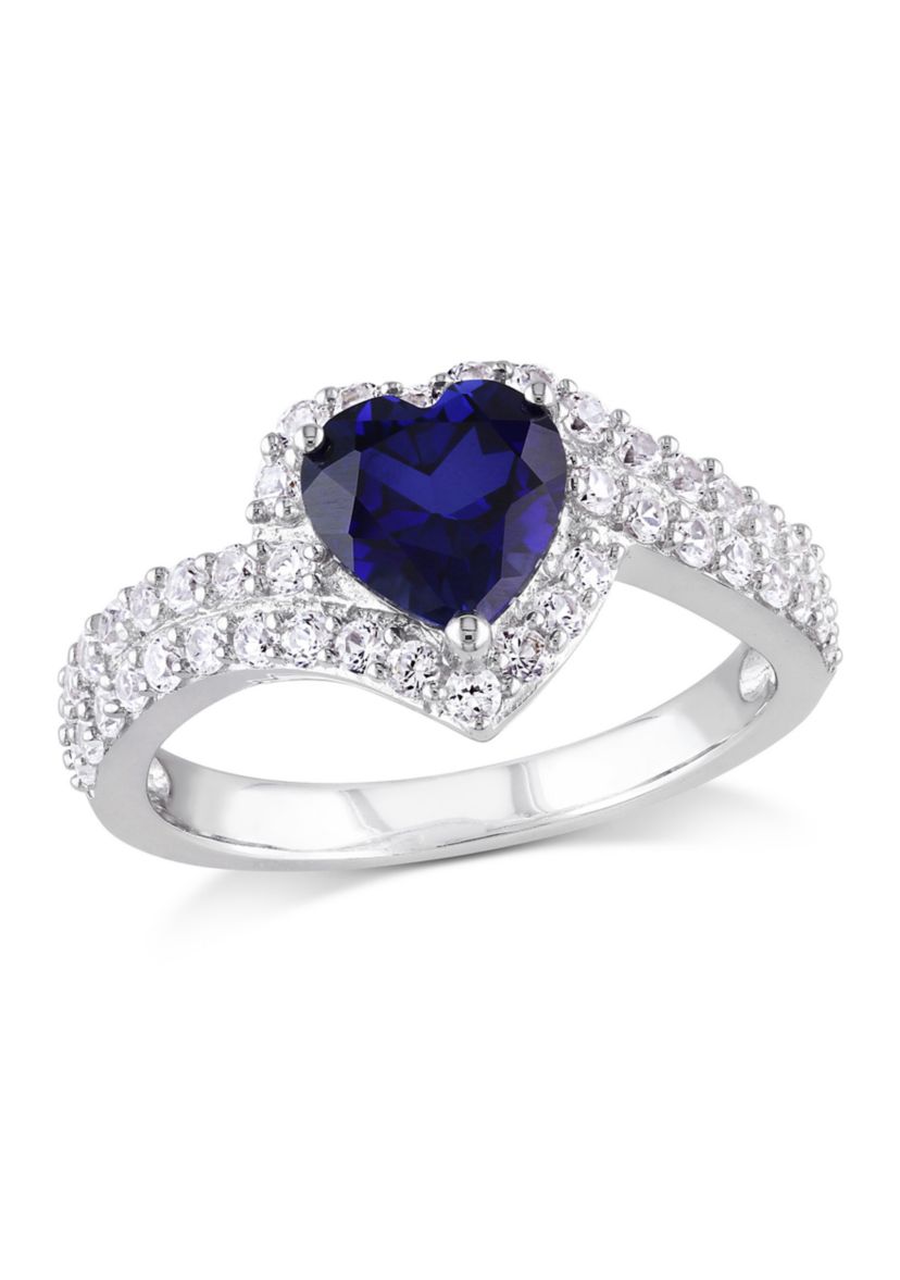 Lab Created Created Blue and Created White Sapphire Heart Halo Double Row Ring in Sterling Silver