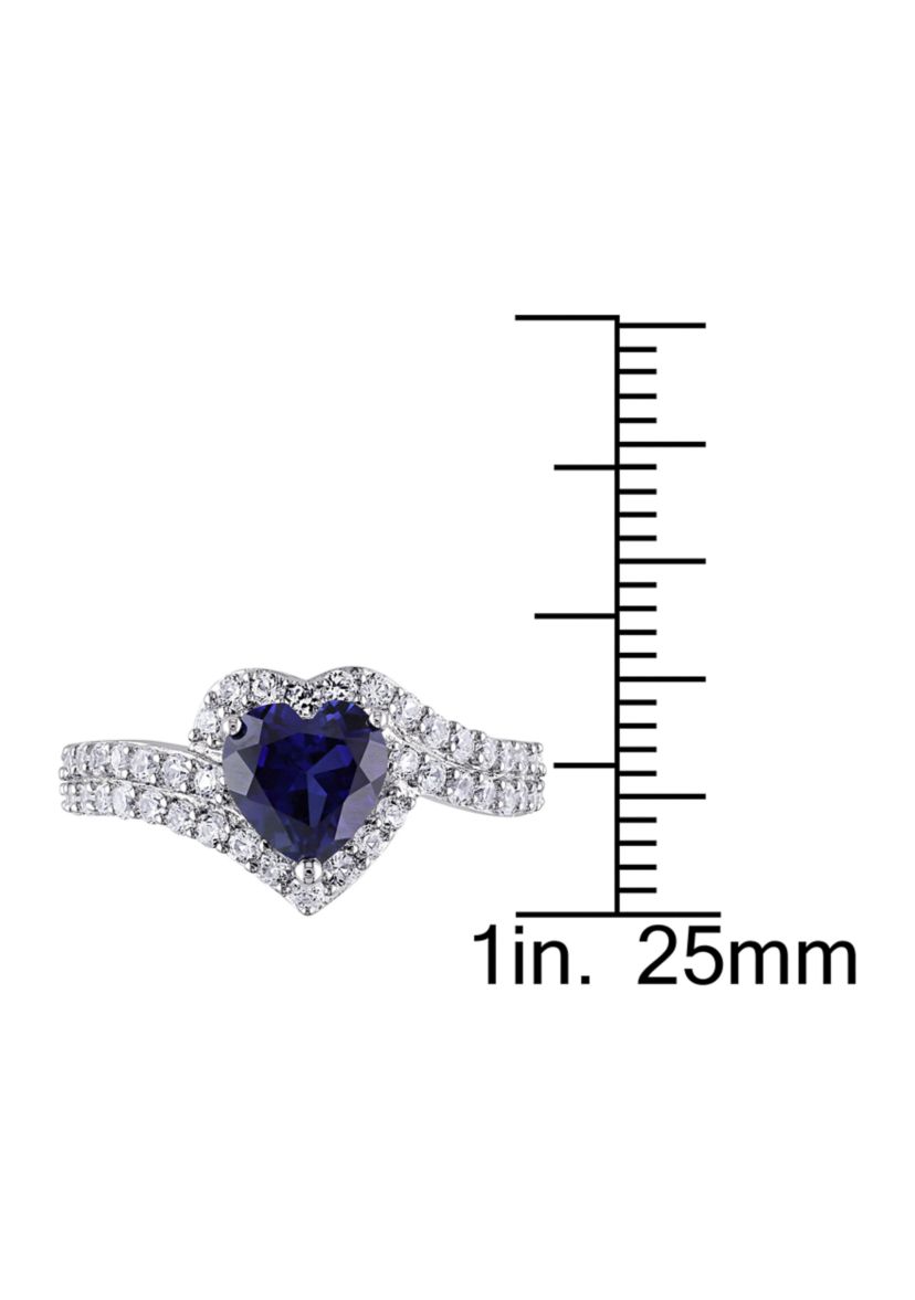 Lab Created Created Blue and Created White Sapphire Heart Halo Double Row Ring in Sterling Silver