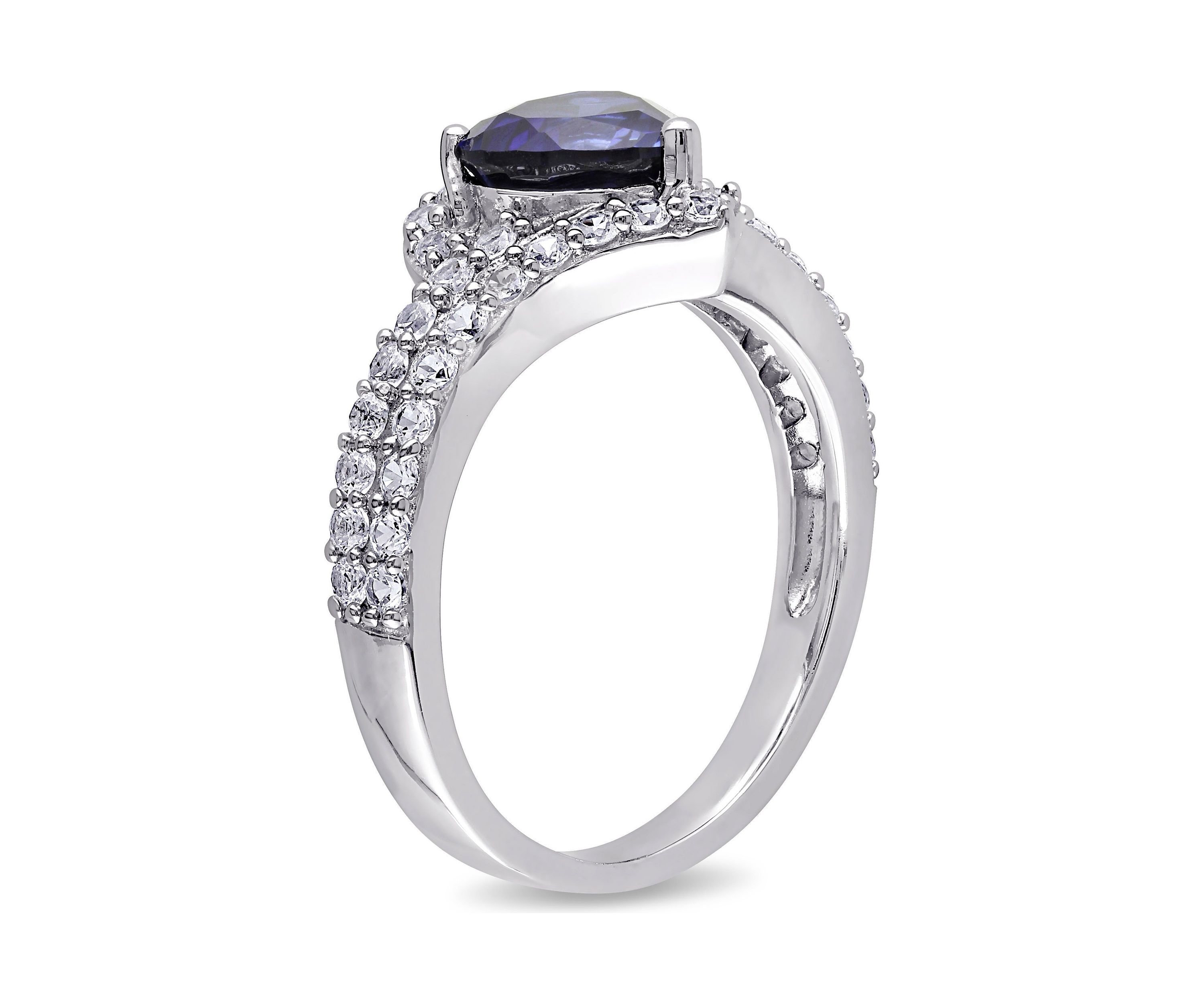 Lab Created Created Blue and Created White Sapphire Heart Halo Double Row Ring in Sterling Silver