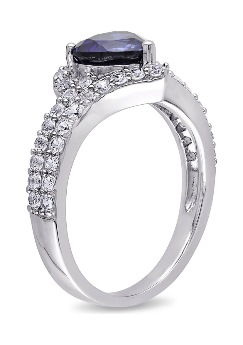 Lab Created Created Blue and Created White Sapphire Heart Halo Double Row Ring in Sterling Silver