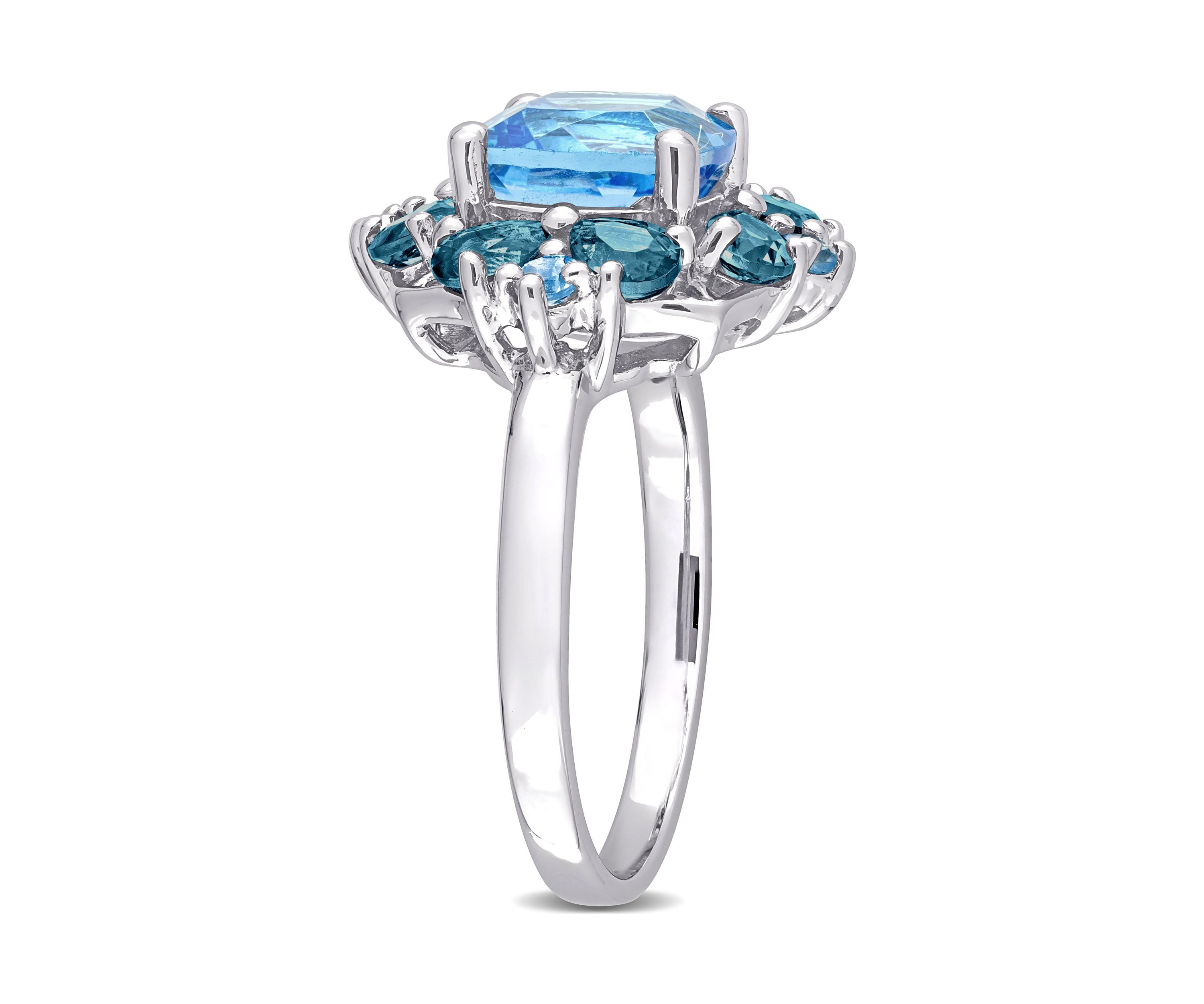 4 1/10 CT TGW Blue Topaz-Swiss and Blue Topaz-London Quatrefoil Floral Ring in Sterling Silver