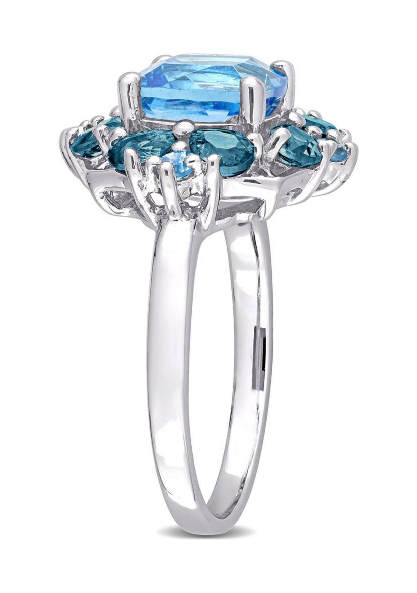4 1/10 CT TGW Blue Topaz-Swiss and Blue Topaz-London Quatrefoil Floral Ring in Sterling Silver