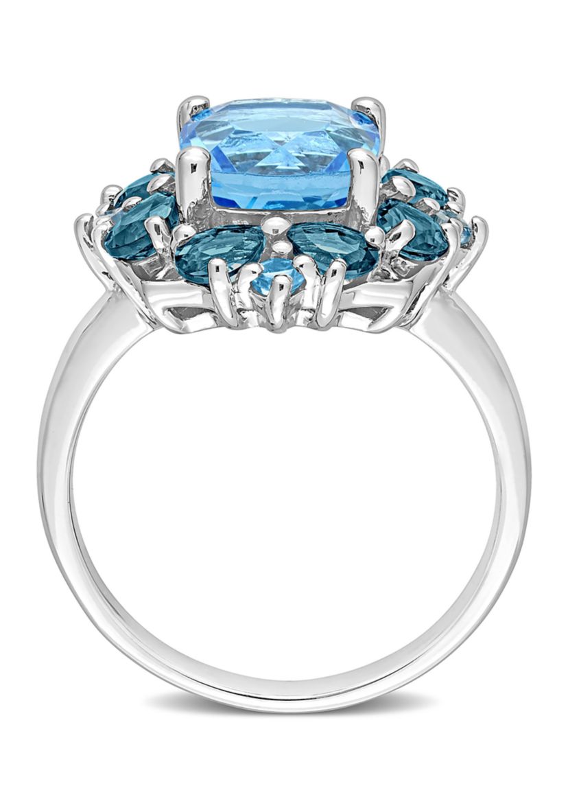 4 1/10 CT TGW Blue Topaz-Swiss and Blue Topaz-London Quatrefoil Floral Ring in Sterling Silver
