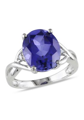 Belk & Co Lab Created 7 1/2 CT TG Oval Cut Blue Sapphire and Diamond Accent Ring in Sterling Silver, White, 8