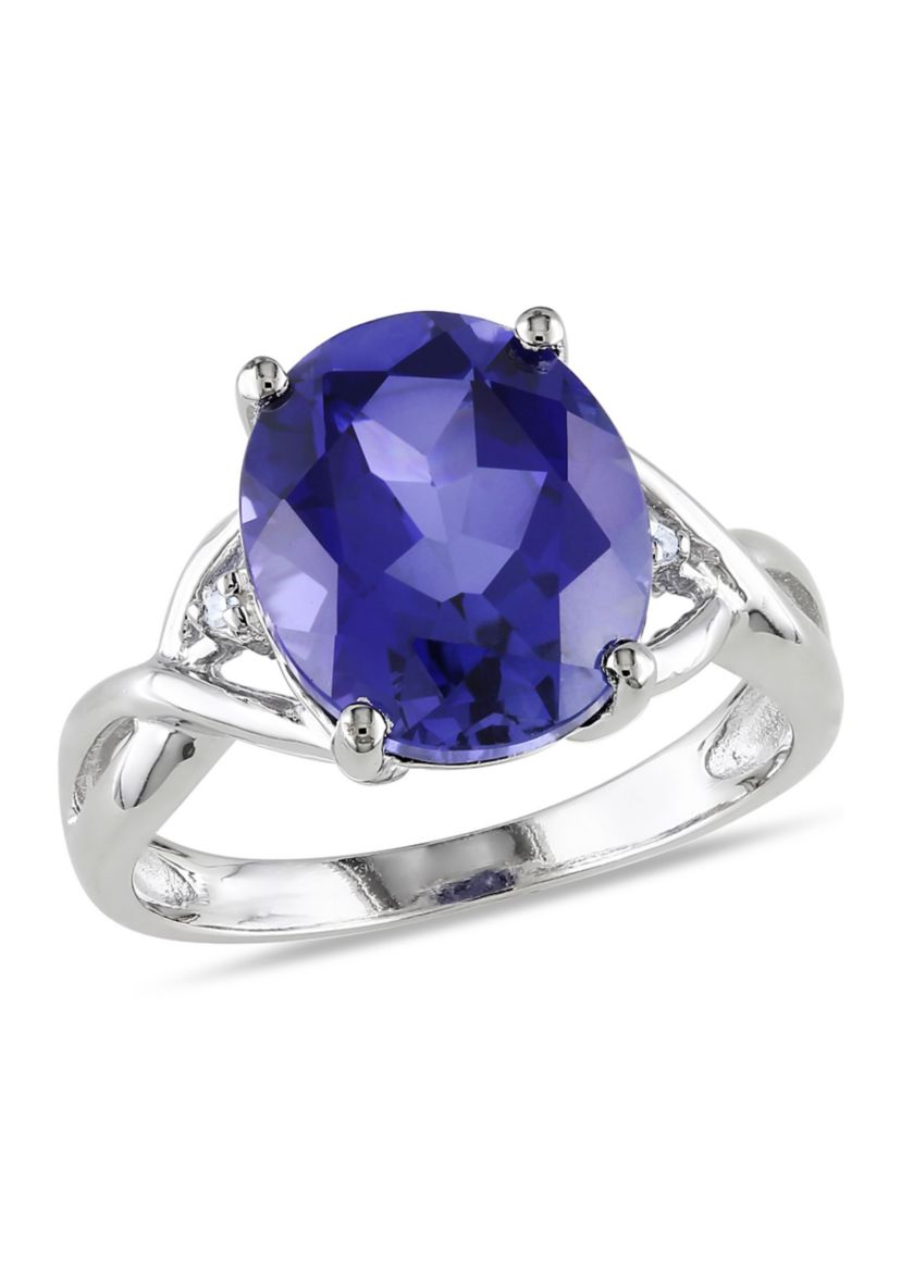 Lab Created 7.49 CT TG Oval Cut Created Blue Sapphire and Diamond Accent Ring in Sterling Silver