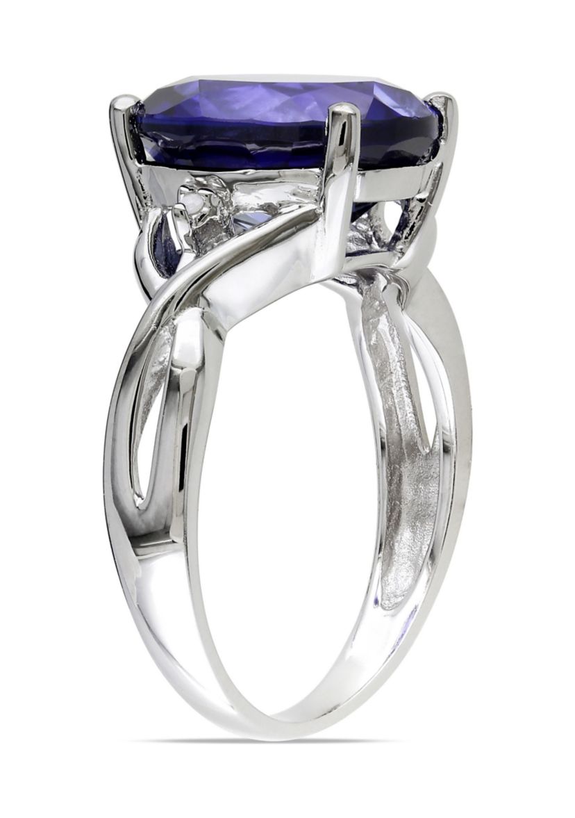Lab Created 7.49 CT TG Oval Cut Created Blue Sapphire and Diamond Accent Ring in Sterling Silver