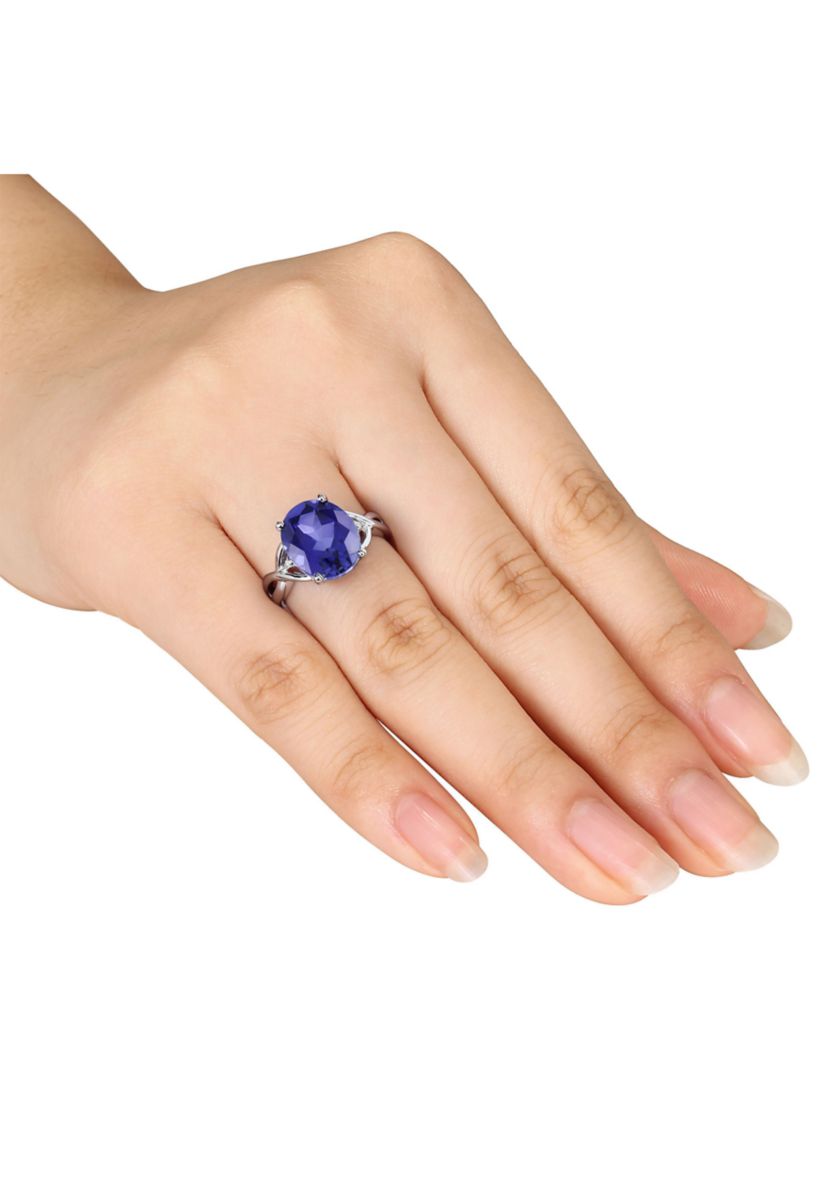 Lab Created 7.49 CT TG Oval Cut Created Blue Sapphire and Diamond Accent Ring in Sterling Silver