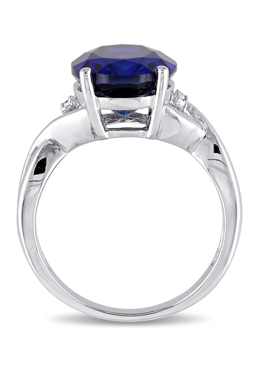 Lab Created 7.49 CT TG Oval Cut Created Blue Sapphire and Diamond Accent Ring in Sterling Silver