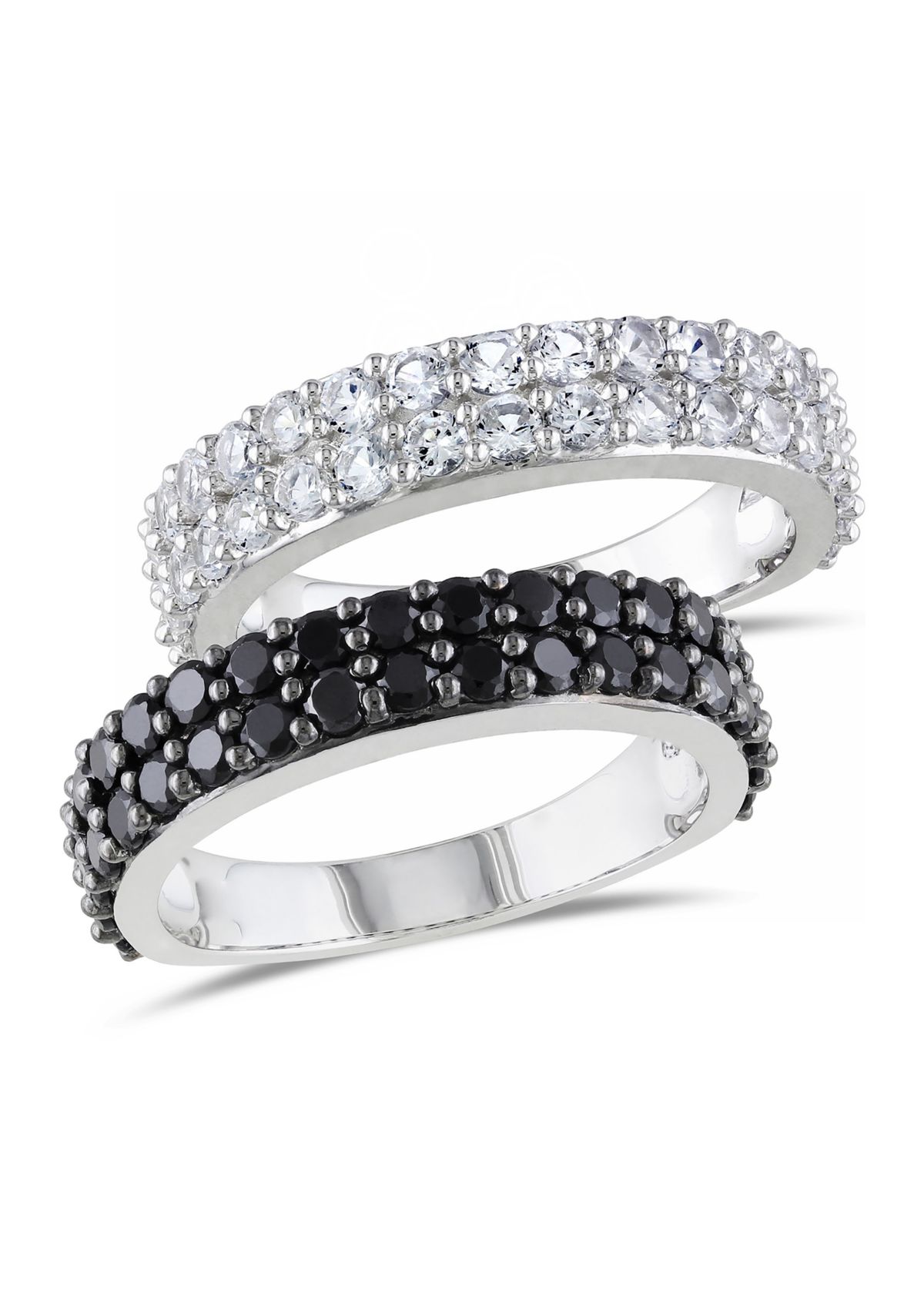 Black Spinel and Created White Sapphire Anniversary Band Set of Stacking Rings in Sterling Silver