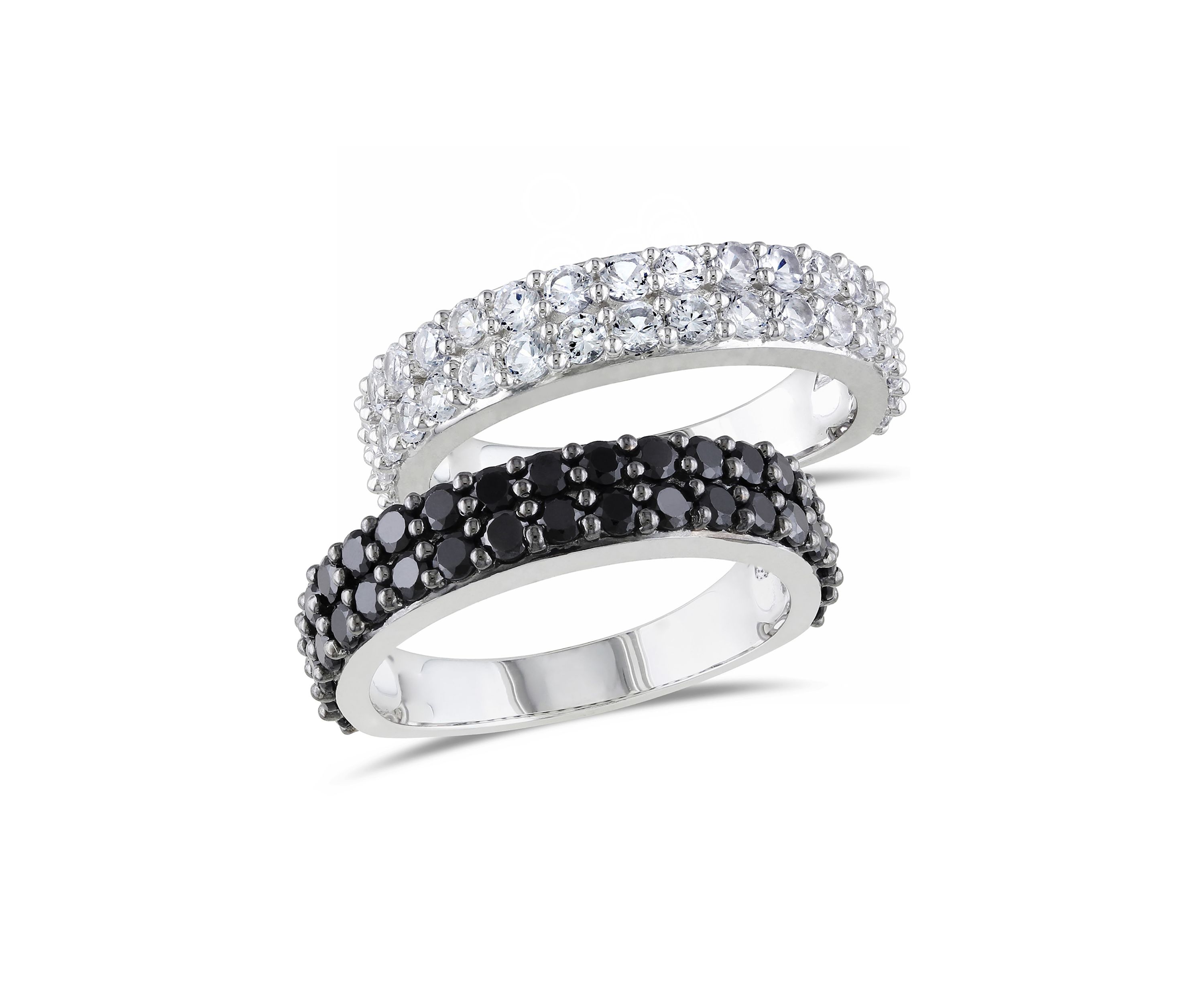 Black Spinel and Created White Sapphire Anniversary Band Set of Stacking Rings in Sterling Silver