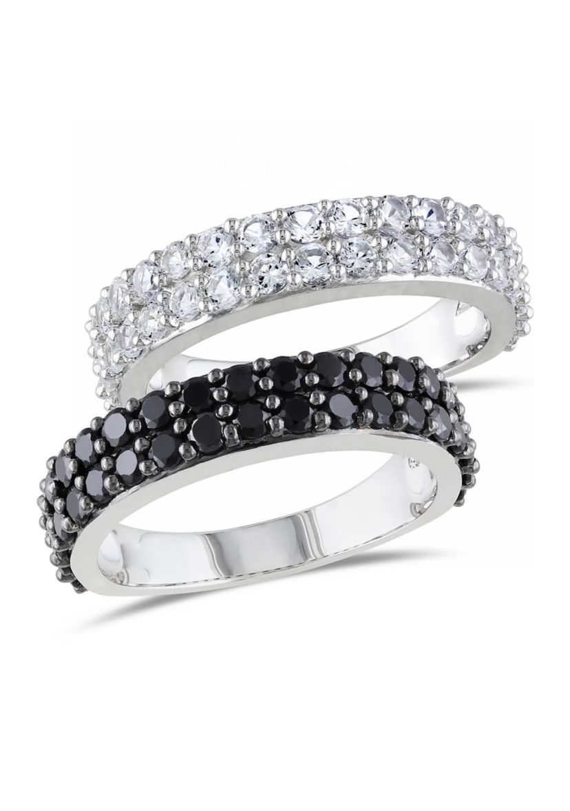Black Spinel and Created White Sapphire Anniversary Band Set of Stacking Rings in Sterling Silver