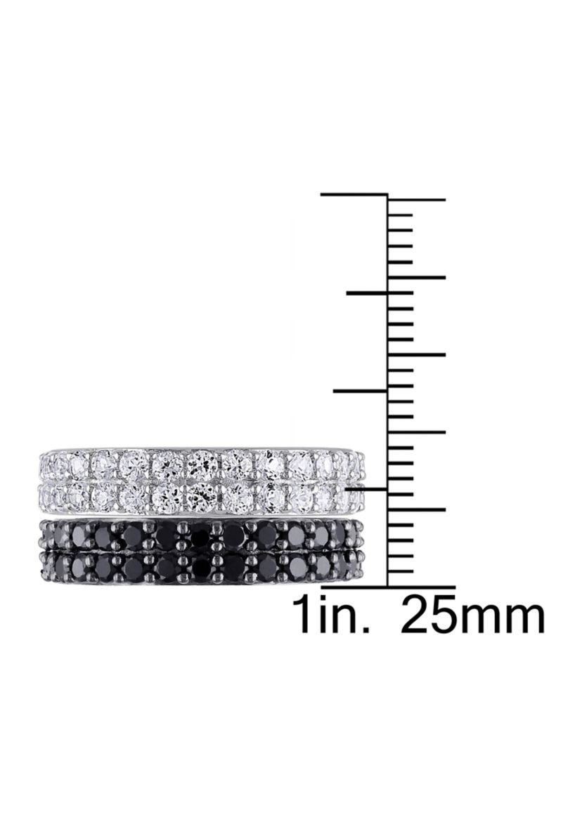 Black Spinel and Created White Sapphire Anniversary Band Set of Stacking Rings in Sterling Silver