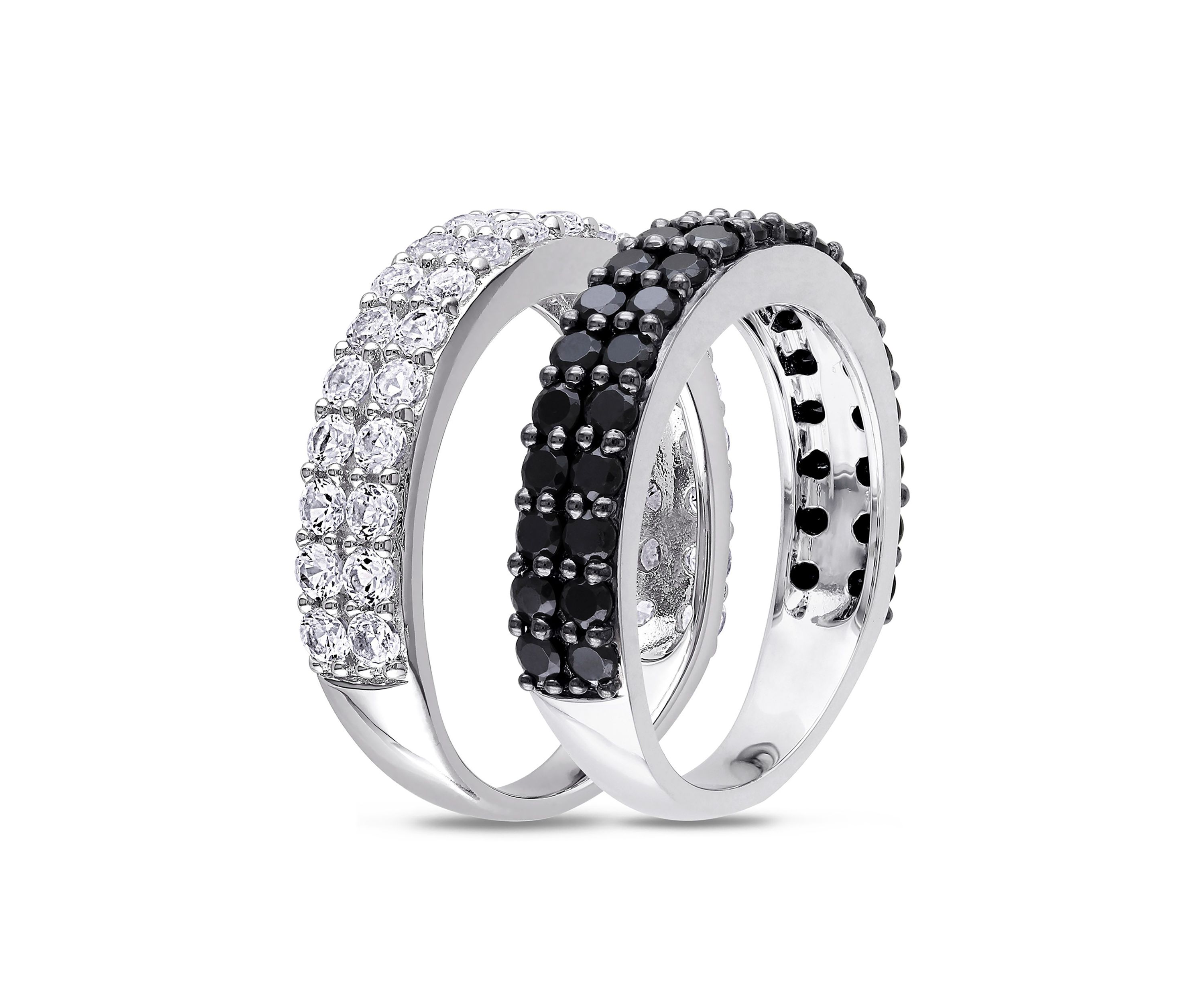 Black Spinel and Created White Sapphire Anniversary Band Set of Stacking Rings in Sterling Silver