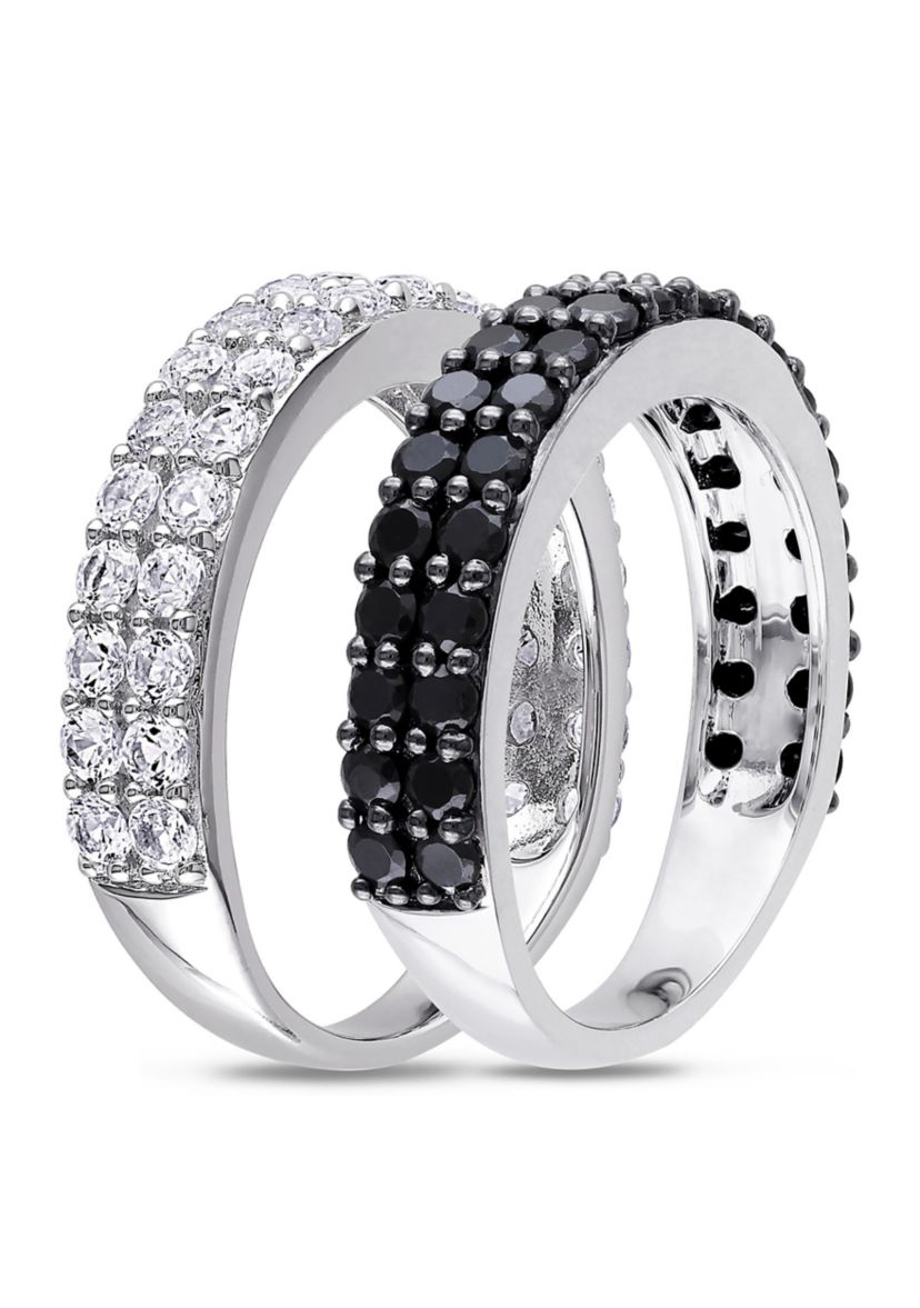 Black Spinel and Created White Sapphire Anniversary Band Set of Stacking Rings in Sterling Silver