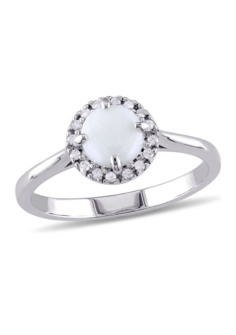 1/10 CT TW Diamond and Opal Halo Ring in Sterling Silver