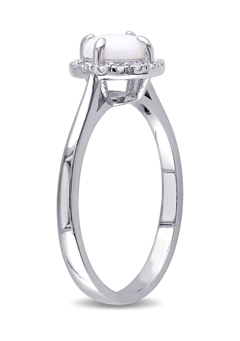 1/10 CT TW Diamond and Opal Halo Ring in Sterling Silver