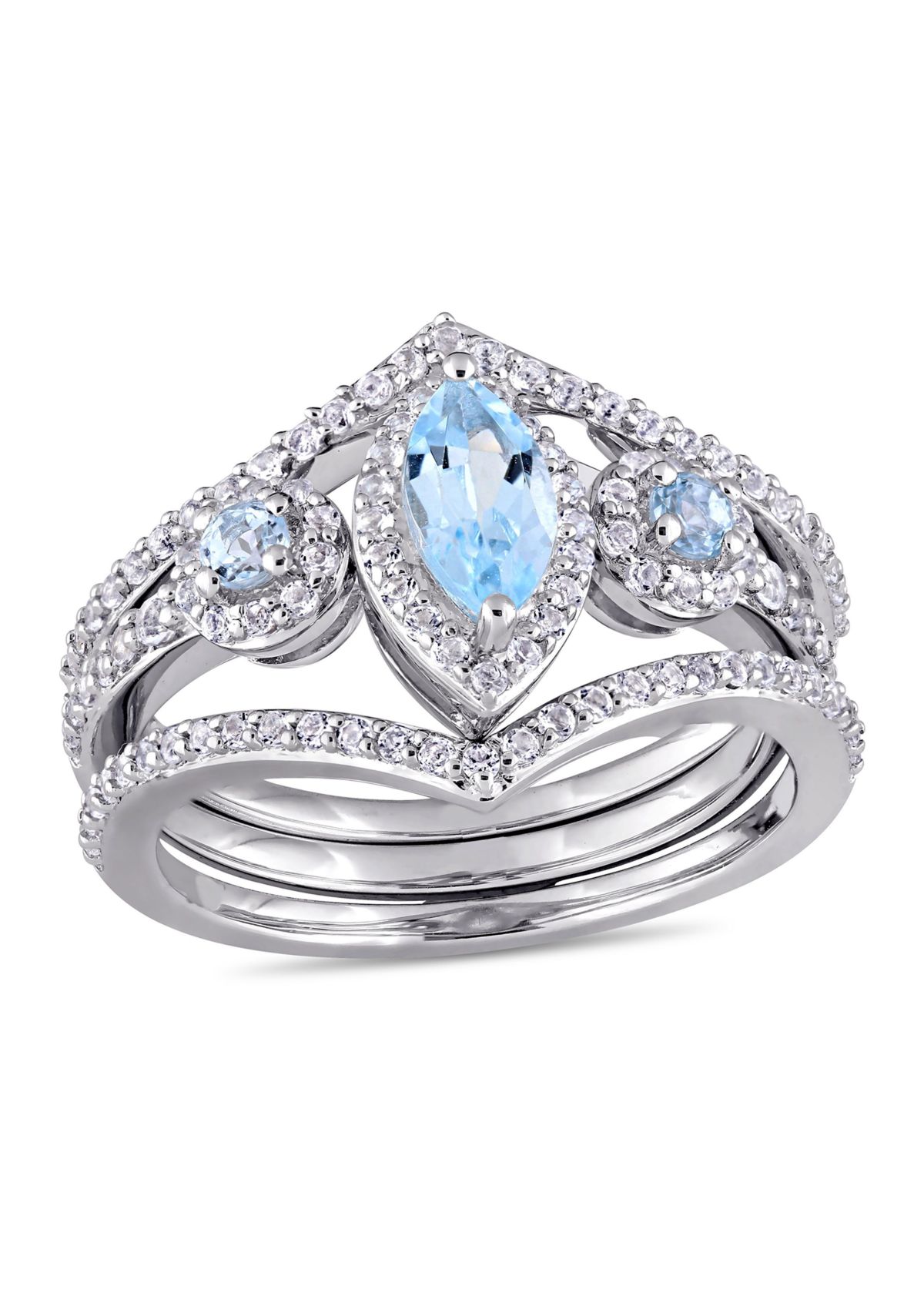 1-2/5 CT TGW Leaf and Round-Shaped White and Sky Blue Topaz 3-Stone Cluster Ring in Sterling Silver