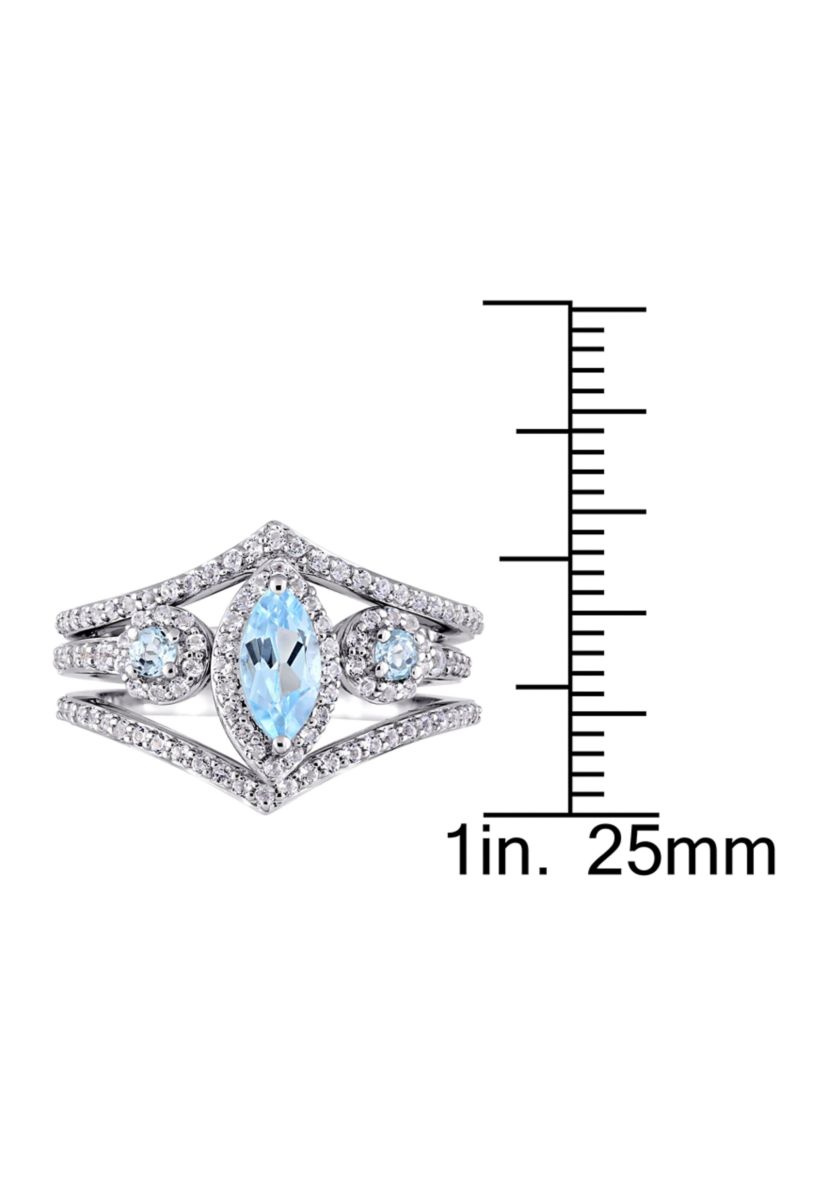 1-2/5 CT TGW Leaf and Round-Shaped White and Sky Blue Topaz 3-Stone Cluster Ring in Sterling Silver