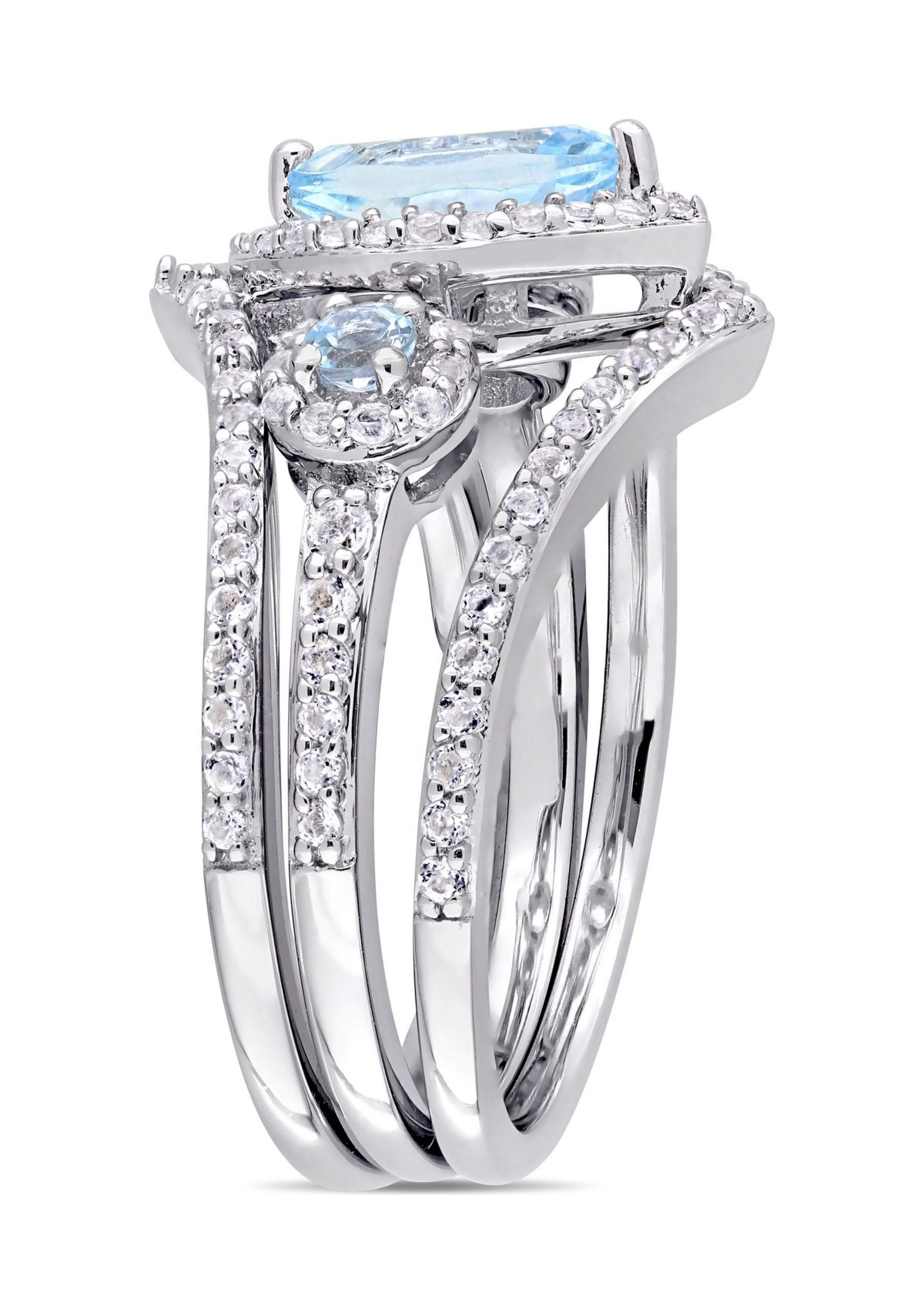 1-2/5 CT TGW Leaf and Round-Shaped White and Sky Blue Topaz 3-Stone Cluster Ring in Sterling Silver