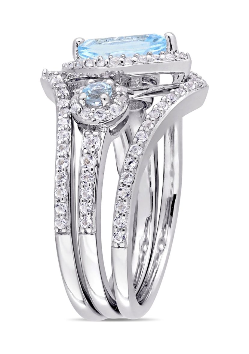 1-2/5 CT TGW Leaf and Round-Shaped White and Sky Blue Topaz 3-Stone Cluster Ring in Sterling Silver