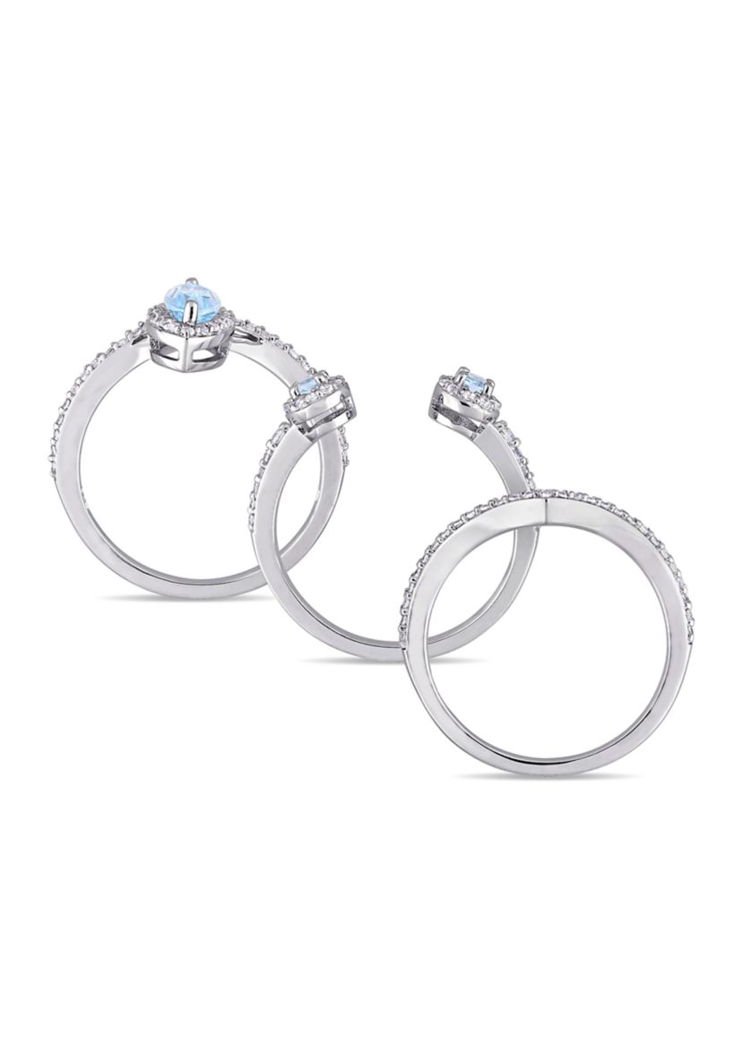 1-2/5 CT TGW Leaf and Round-Shaped White and Sky Blue Topaz 3-Stone Cluster Ring in Sterling Silver