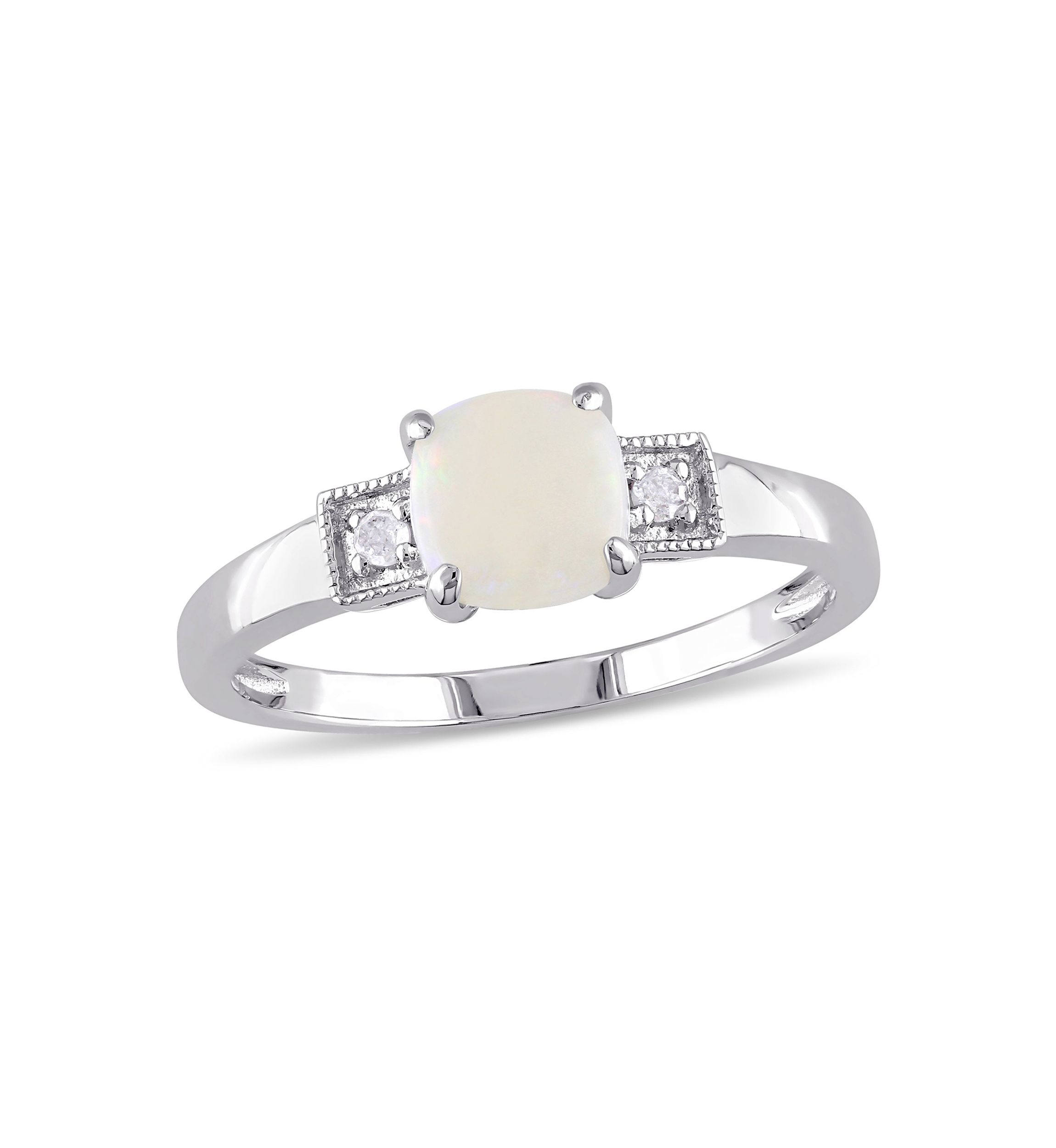 Cushion Cut Opal and Diamond Accent Ring in Sterling Silver