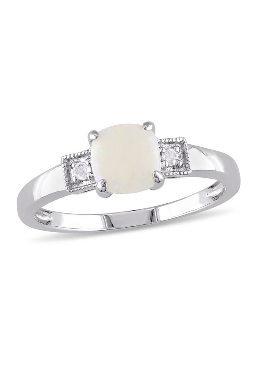 Cushion Cut Opal and Diamond Accent Ring in Sterling Silver