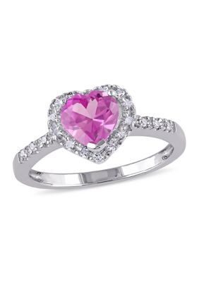 Belk & Co Lab Created 1/10 CT TW Diamond and Pink Sapphire Heart Halo Ring in Sterling Silver, White, 7