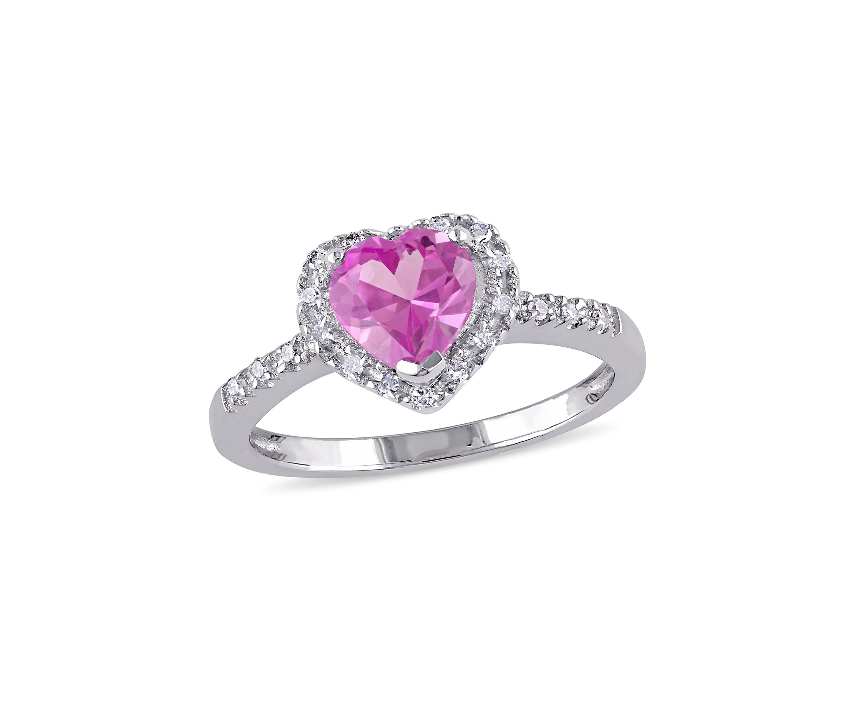 Lab Created 1/10 CT TW Diamond and Created Pink Sapphire Heart Halo Ring in Sterling Silver