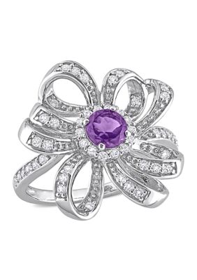 7/8 CT TGW African Amethyst and White Topaz Flower Cocktail Ring Sterling Silver
