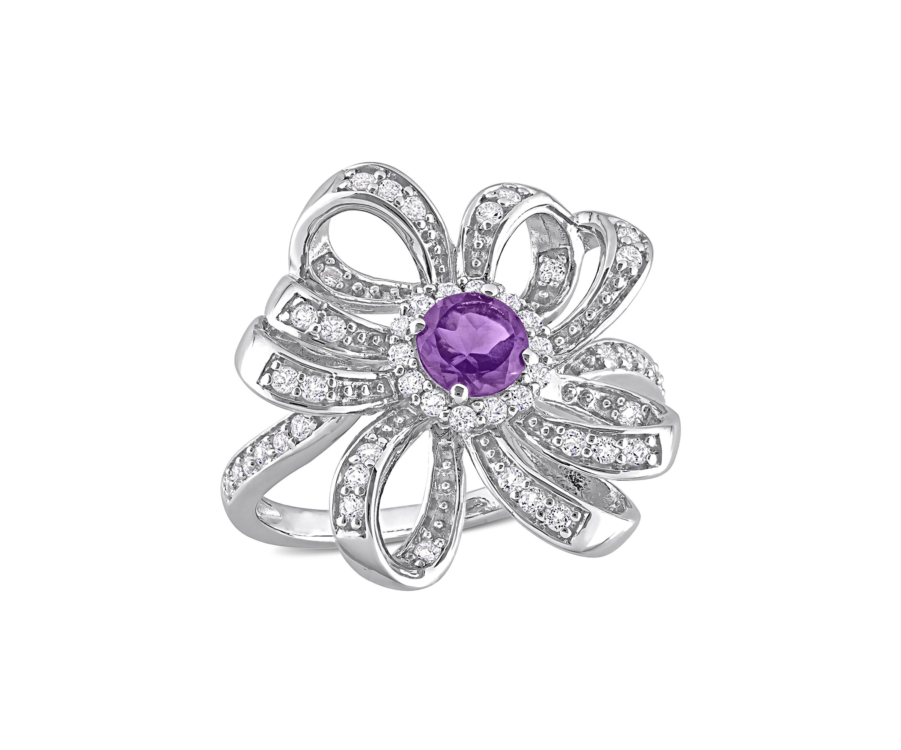 7/8 CT TGW African Amethyst and White Topaz Flower Cocktail Ring in Sterling Silver