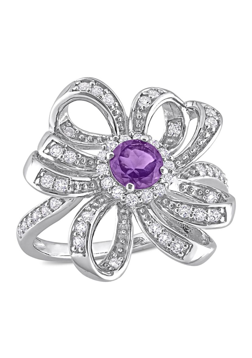 7/8 CT TGW African Amethyst and White Topaz Flower Cocktail Ring in Sterling Silver