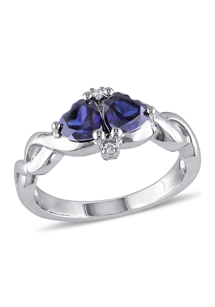 Lab Created Created Blue Sapphire and Diamond Double Heart Infinity Ring in Sterling Silver