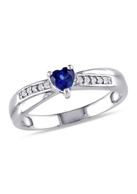 Belk & Co Lab Created Blue Sapphire and Diamond Accent Heart Ring in Sterling Silver, White, 9