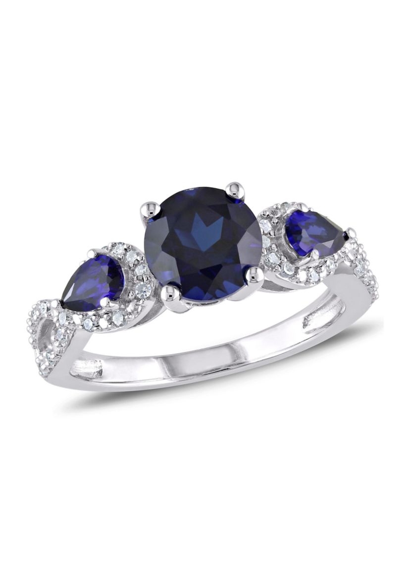 Lab Created 1/6 CT TW Diamond and Created Blue Sapphire Floral Ring in Sterling Silver