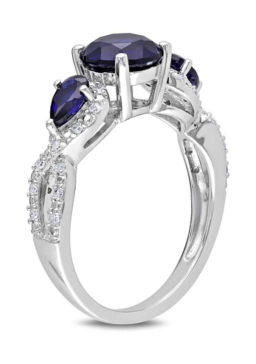 Lab Created 1/6 CT TW Diamond and Created Blue Sapphire Floral Ring in Sterling Silver