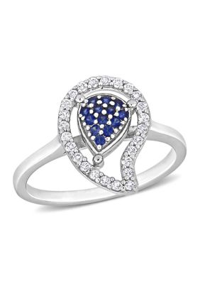 Belk & Co Lab Created 3/8 CT TGW White Topaz and Blue Sapphire Teardrop Halo Ring in Sterling Silver